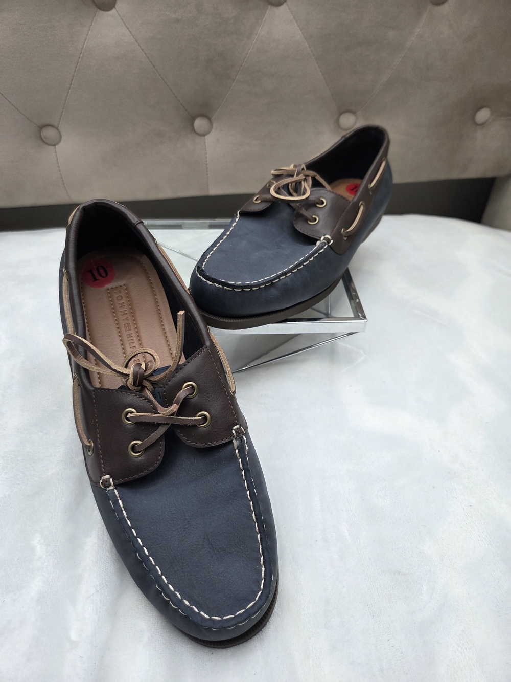 Tommy Hilfiger Men's Boat Shoes Navy Brown Leather Lace Up Loafers US 10 EU 43